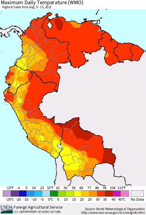Northern South America Maximum Daily Temperature (WMO) Thematic Map For 8/9/2021 - 8/15/2021