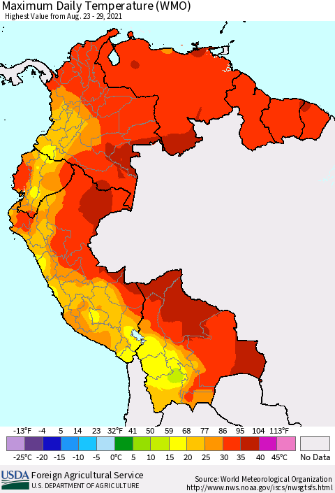 Northern South America Maximum Daily Temperature (WMO) Thematic Map For 8/23/2021 - 8/29/2021