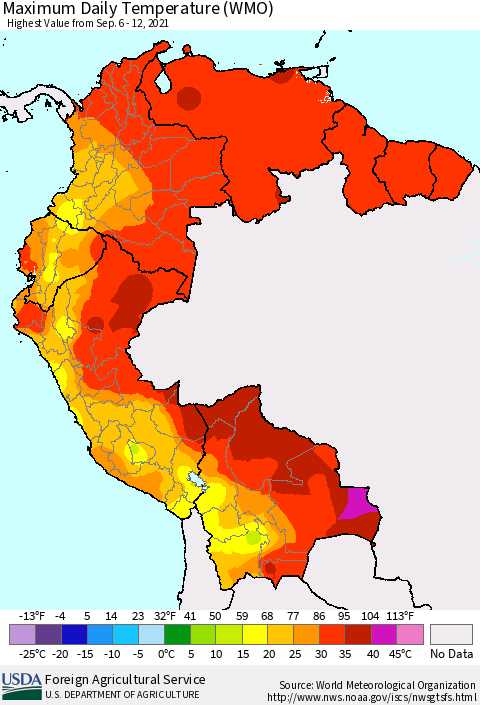 Northern South America Maximum Daily Temperature (WMO) Thematic Map For 9/6/2021 - 9/12/2021