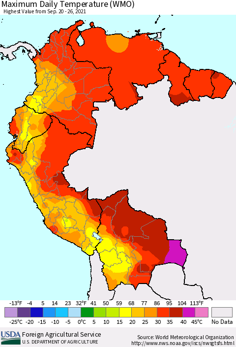Northern South America Maximum Daily Temperature (WMO) Thematic Map For 9/20/2021 - 9/26/2021
