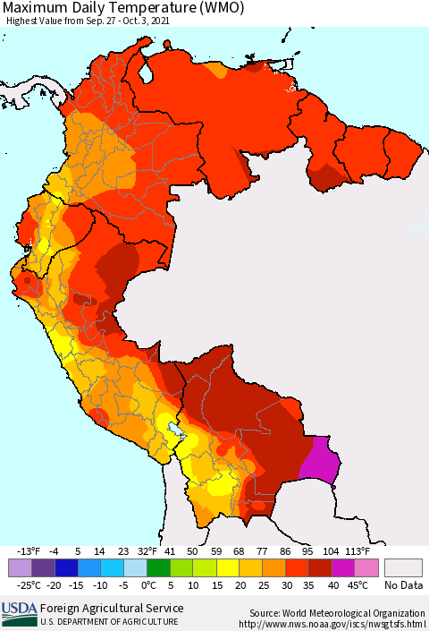 Northern South America Maximum Daily Temperature (WMO) Thematic Map For 9/27/2021 - 10/3/2021