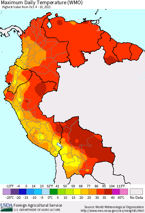 Northern South America Maximum Daily Temperature (WMO) Thematic Map For 10/4/2021 - 10/10/2021