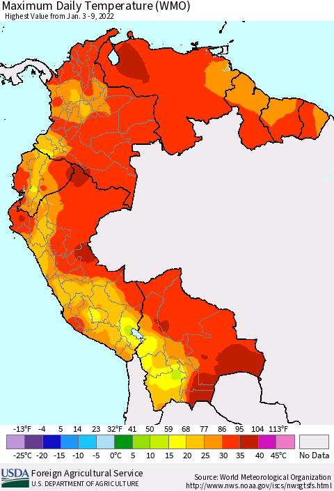 Northern South America Maximum Daily Temperature (WMO) Thematic Map For 1/3/2022 - 1/9/2022