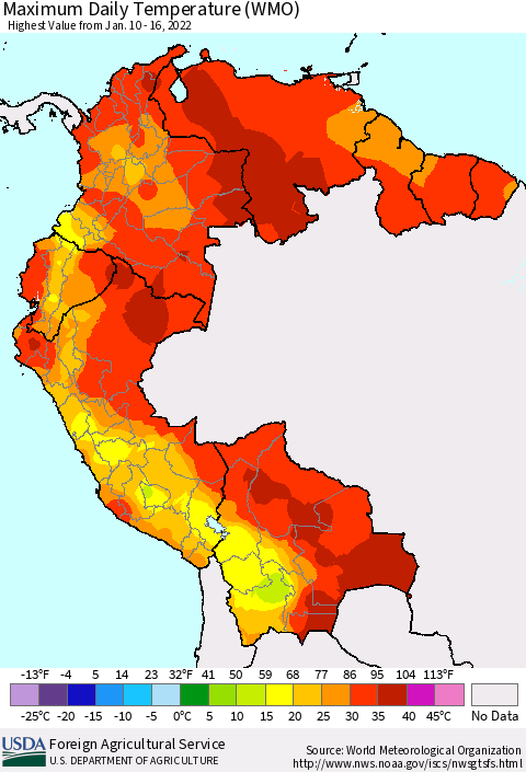 Northern South America Maximum Daily Temperature (WMO) Thematic Map For 1/10/2022 - 1/16/2022