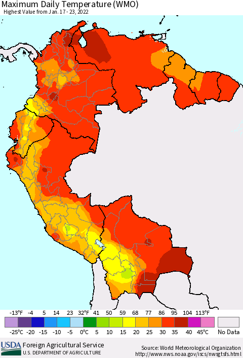 Northern South America Maximum Daily Temperature (WMO) Thematic Map For 1/17/2022 - 1/23/2022