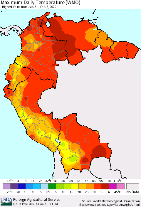 Northern South America Maximum Daily Temperature (WMO) Thematic Map For 1/31/2022 - 2/6/2022