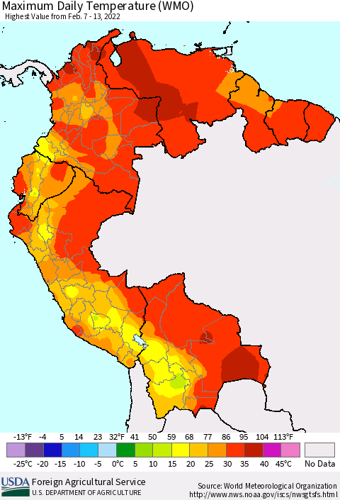 Northern South America Maximum Daily Temperature (WMO) Thematic Map For 2/7/2022 - 2/13/2022
