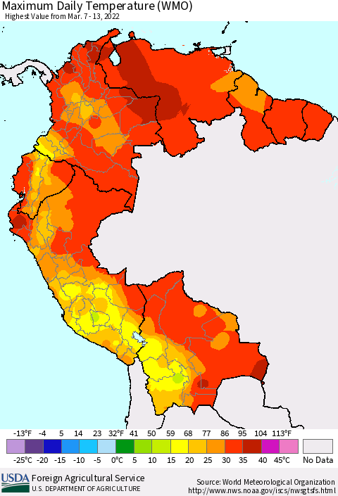 Northern South America Maximum Daily Temperature (WMO) Thematic Map For 3/7/2022 - 3/13/2022
