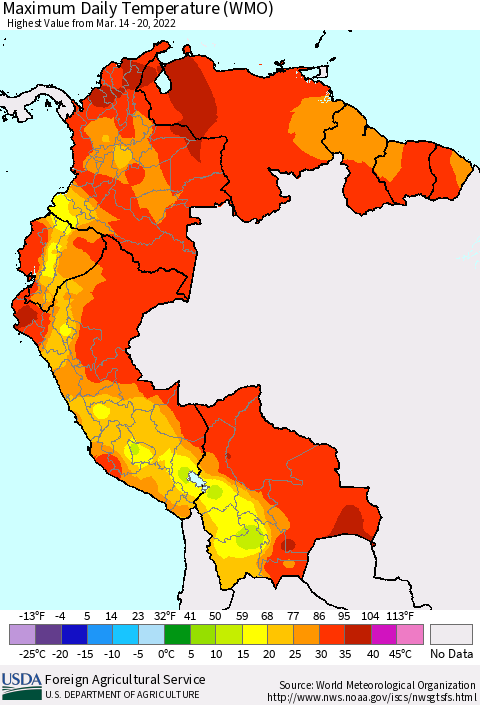 Northern South America Maximum Daily Temperature (WMO) Thematic Map For 3/14/2022 - 3/20/2022