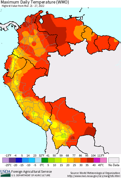 Northern South America Maximum Daily Temperature (WMO) Thematic Map For 3/21/2022 - 3/27/2022