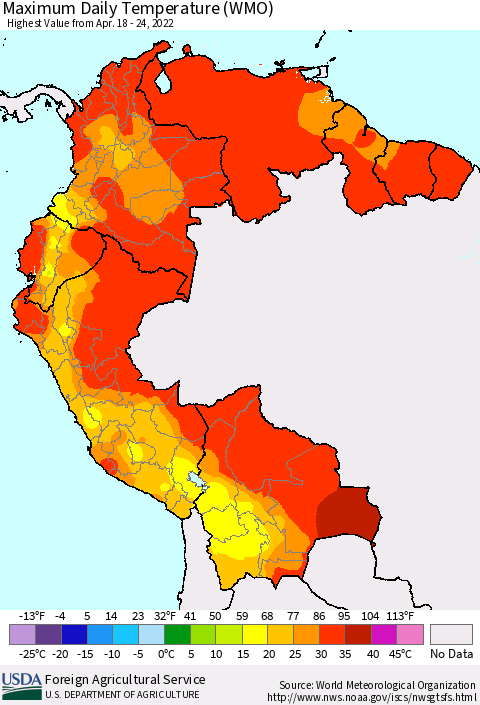 Northern South America Maximum Daily Temperature (WMO) Thematic Map For 4/18/2022 - 4/24/2022