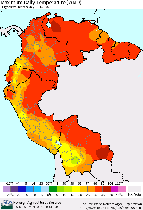 Northern South America Extreme Maximum Temperature (WMO) Thematic Map For 5/9/2022 - 5/15/2022