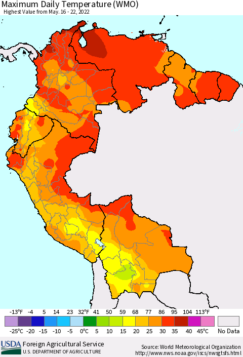 Northern South America Maximum Daily Temperature (WMO) Thematic Map For 5/16/2022 - 5/22/2022