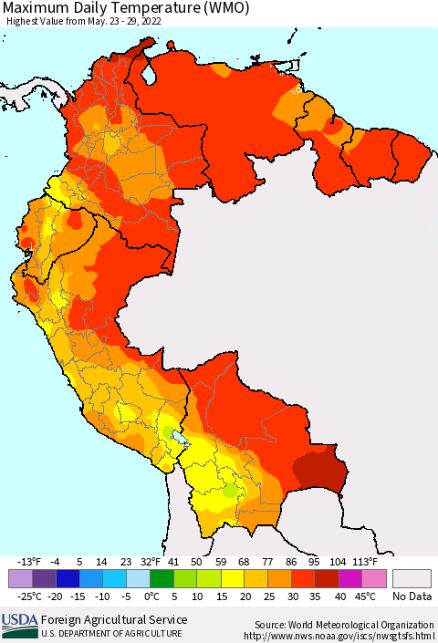 Northern South America Extreme Maximum Temperature (WMO) Thematic Map For 5/23/2022 - 5/29/2022