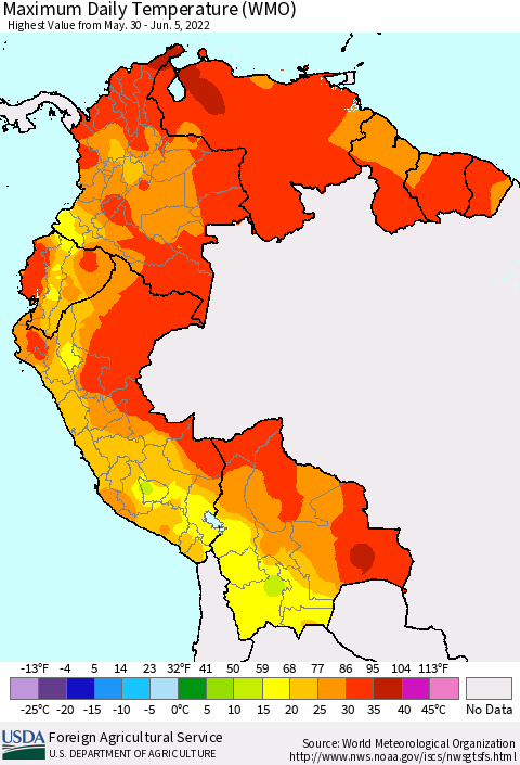 Northern South America Extreme Maximum Temperature (WMO) Thematic Map For 5/30/2022 - 6/5/2022