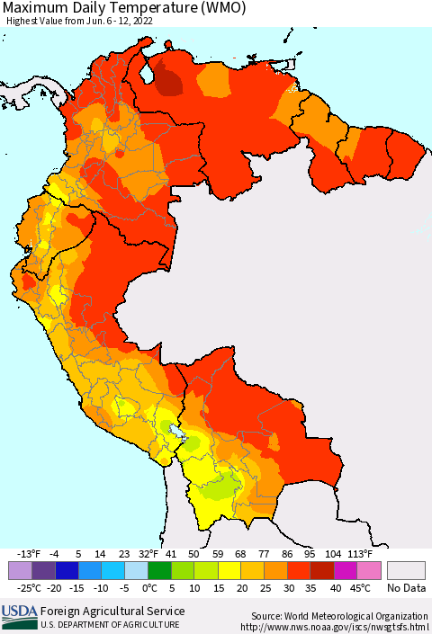 Northern South America Extreme Maximum Temperature (WMO) Thematic Map For 6/6/2022 - 6/12/2022