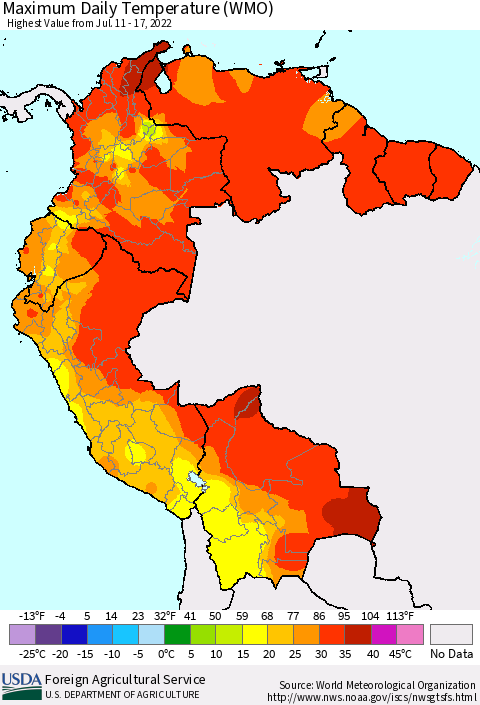 Northern South America Extreme Maximum Temperature (WMO) Thematic Map For 7/11/2022 - 7/17/2022
