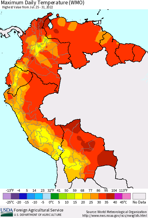 Northern South America Extreme Maximum Temperature (WMO) Thematic Map For 7/25/2022 - 7/31/2022