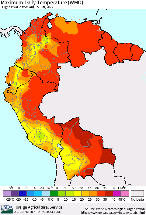 Northern South America Maximum Daily Temperature (WMO) Thematic Map For 8/22/2022 - 8/28/2022