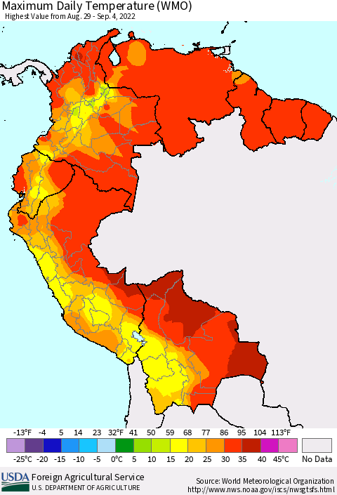 Northern South America Maximum Daily Temperature (WMO) Thematic Map For 8/29/2022 - 9/4/2022