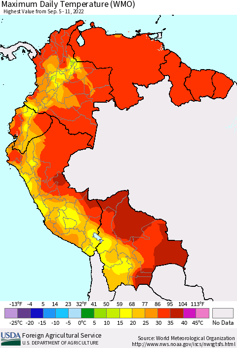 Northern South America Maximum Daily Temperature (WMO) Thematic Map For 9/5/2022 - 9/11/2022