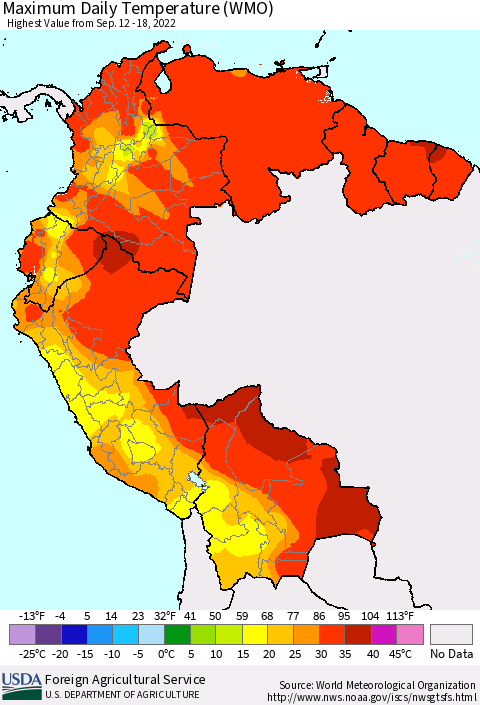 Northern South America Maximum Daily Temperature (WMO) Thematic Map For 9/12/2022 - 9/18/2022