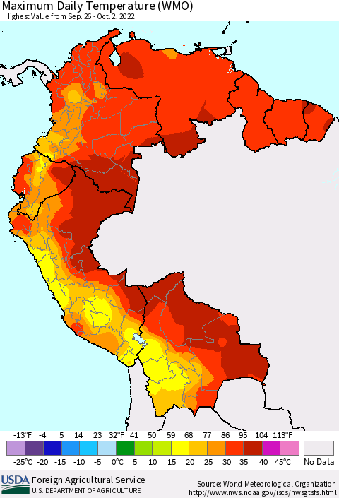 Northern South America Maximum Daily Temperature (WMO) Thematic Map For 9/26/2022 - 10/2/2022