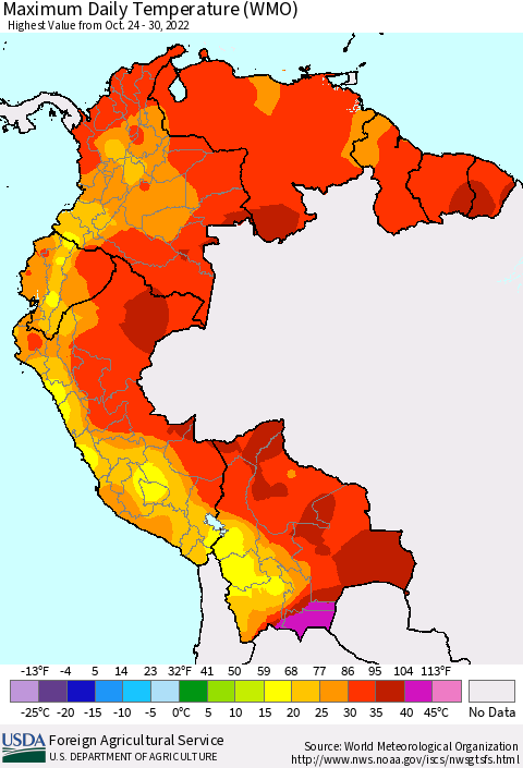Northern South America Maximum Daily Temperature (WMO) Thematic Map For 10/24/2022 - 10/30/2022