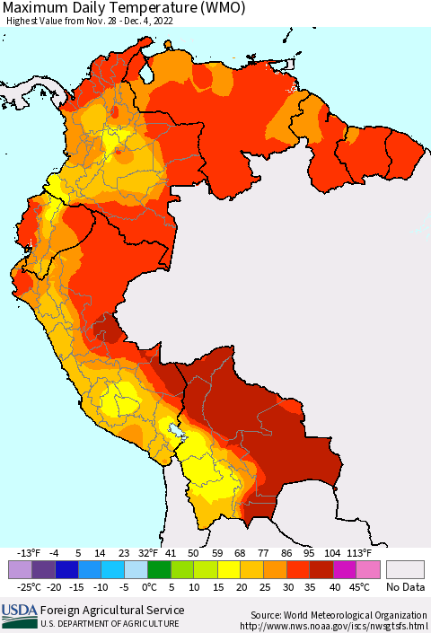 Northern South America Maximum Daily Temperature (WMO) Thematic Map For 11/28/2022 - 12/4/2022