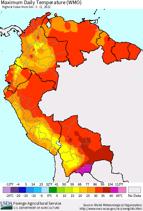 Northern South America Maximum Daily Temperature (WMO) Thematic Map For 12/5/2022 - 12/11/2022
