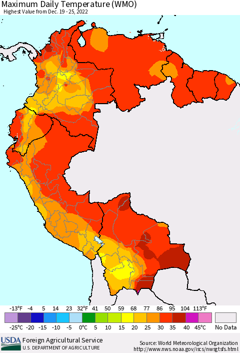 Northern South America Maximum Daily Temperature (WMO) Thematic Map For 12/19/2022 - 12/25/2022