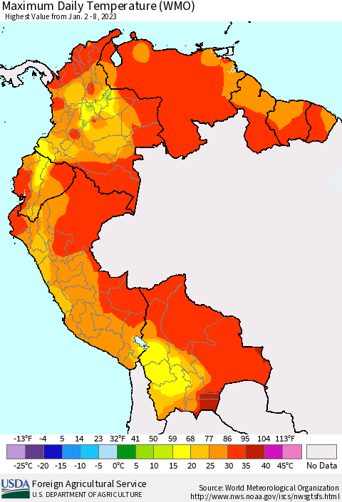 Northern South America Maximum Daily Temperature (WMO) Thematic Map For 1/2/2023 - 1/8/2023