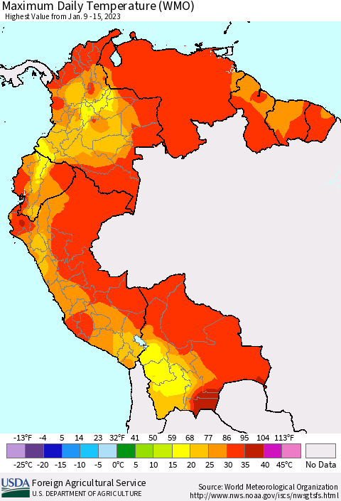 Northern South America Maximum Daily Temperature (WMO) Thematic Map For 1/9/2023 - 1/15/2023