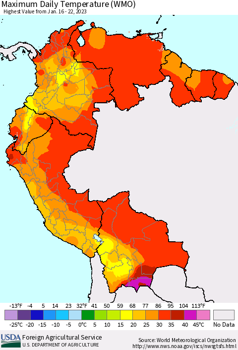 Northern South America Maximum Daily Temperature (WMO) Thematic Map For 1/16/2023 - 1/22/2023