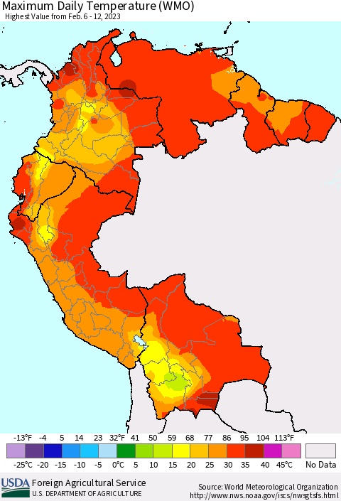 Northern South America Maximum Daily Temperature (WMO) Thematic Map For 2/6/2023 - 2/12/2023
