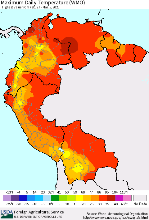 Northern South America Maximum Daily Temperature (WMO) Thematic Map For 2/27/2023 - 3/5/2023