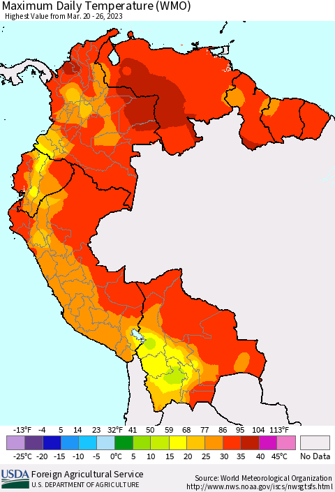 Northern South America Maximum Daily Temperature (WMO) Thematic Map For 3/20/2023 - 3/26/2023