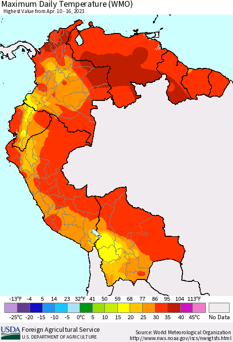 Northern South America Maximum Daily Temperature (WMO) Thematic Map For 4/10/2023 - 4/16/2023
