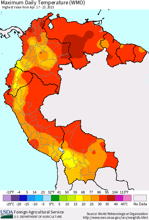 Northern South America Maximum Daily Temperature (WMO) Thematic Map For 4/17/2023 - 4/23/2023