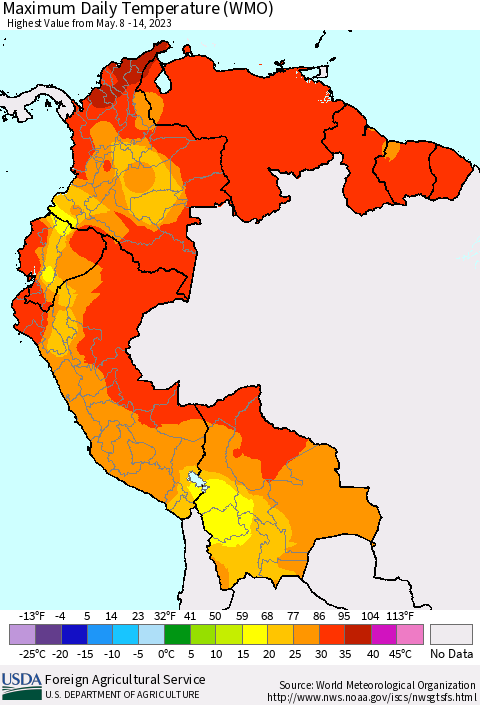 Northern South America Maximum Daily Temperature (WMO) Thematic Map For 5/8/2023 - 5/14/2023
