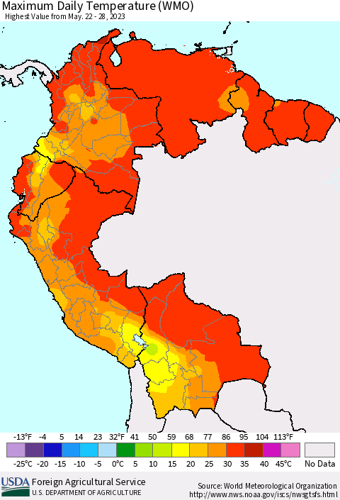 Northern South America Maximum Daily Temperature (WMO) Thematic Map For 5/22/2023 - 5/28/2023