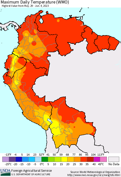 Northern South America Maximum Daily Temperature (WMO) Thematic Map For 5/29/2023 - 6/4/2023