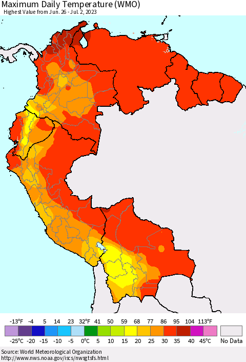 Northern South America Maximum Daily Temperature (WMO) Thematic Map For 6/26/2023 - 7/2/2023