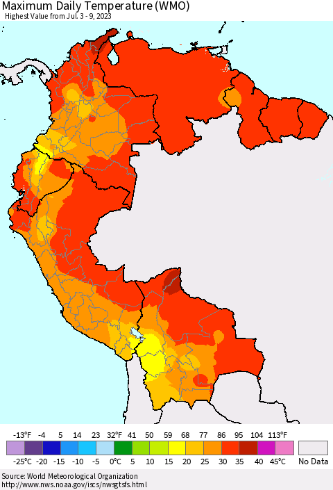Northern South America Maximum Daily Temperature (WMO) Thematic Map For 7/3/2023 - 7/9/2023