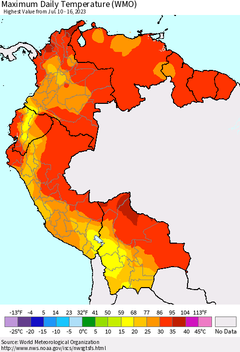 Northern South America Maximum Daily Temperature (WMO) Thematic Map For 7/10/2023 - 7/16/2023