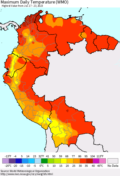 Northern South America Maximum Daily Temperature (WMO) Thematic Map For 7/17/2023 - 7/23/2023
