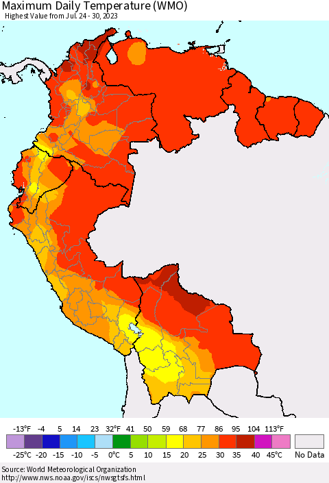 Northern South America Maximum Daily Temperature (WMO) Thematic Map For 7/24/2023 - 7/30/2023