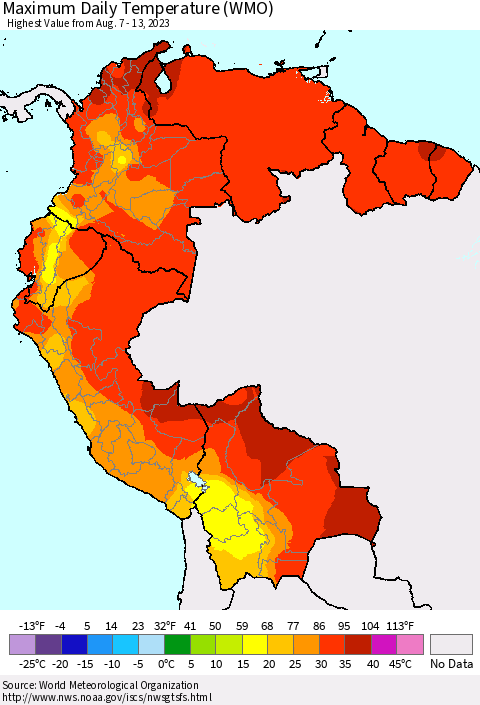 Northern South America Maximum Daily Temperature (WMO) Thematic Map For 8/7/2023 - 8/13/2023