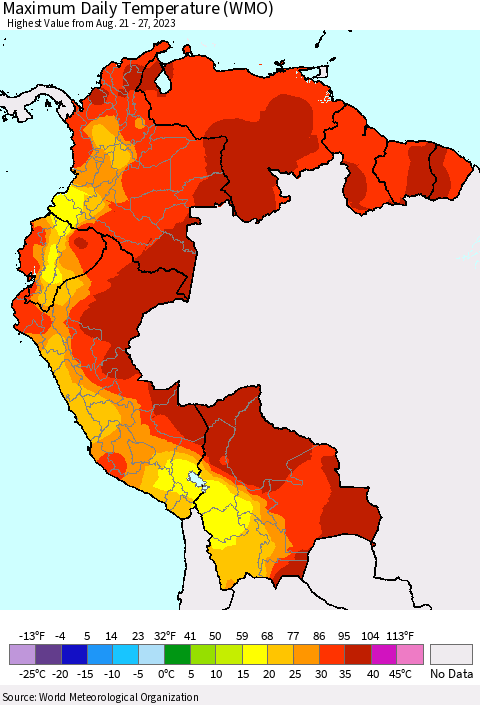 Northern South America Maximum Daily Temperature (WMO) Thematic Map For 8/21/2023 - 8/27/2023