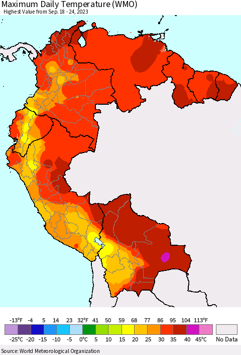 Northern South America Maximum Daily Temperature (WMO) Thematic Map For 9/18/2023 - 9/24/2023